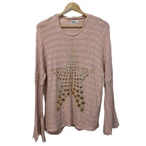 Lauren Moshi Pink Knit Pullover Slouchy Sweater Gold Star Print Frilly Sleeve S